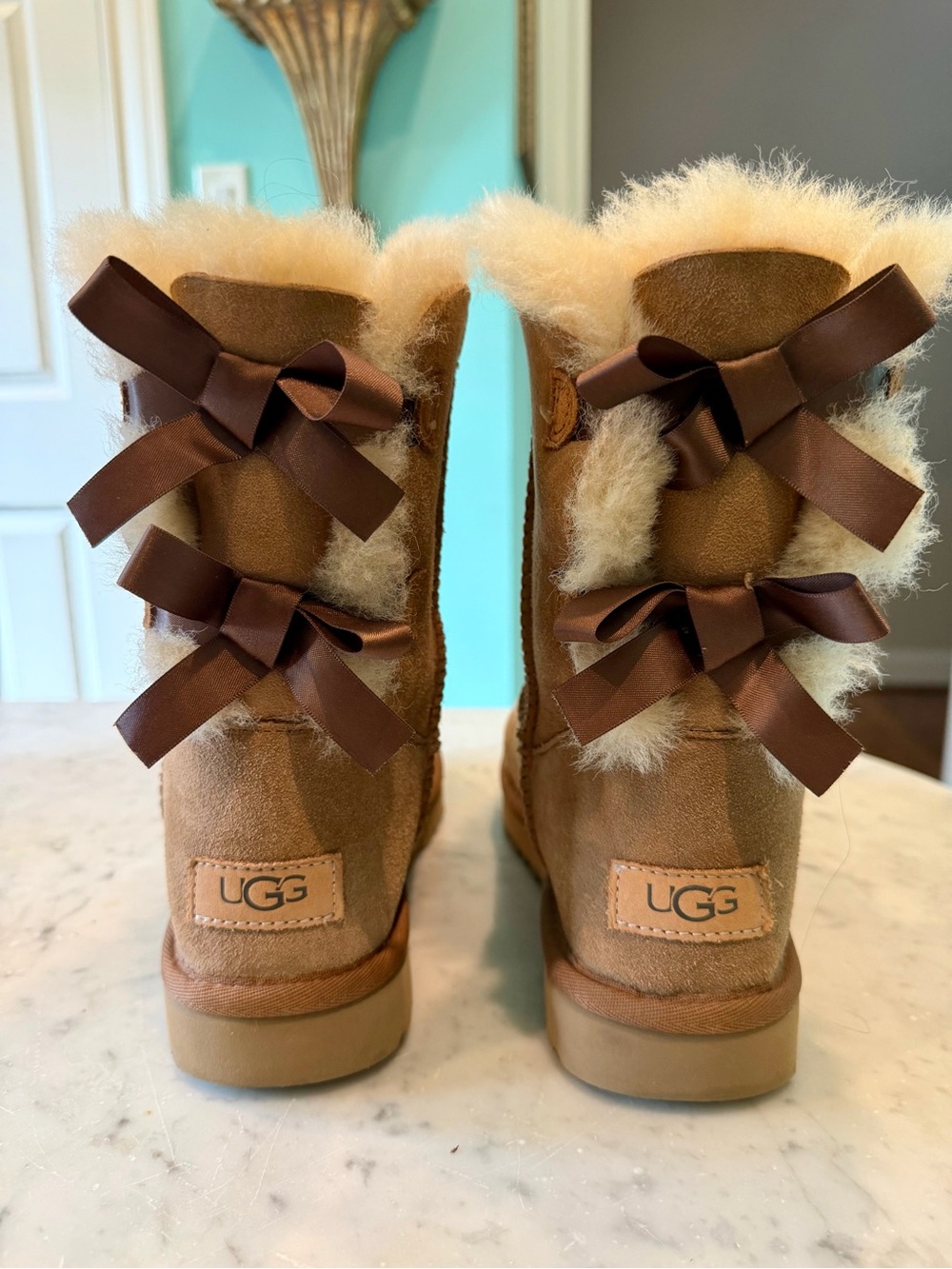UGG Chestnut Suede Bailey Bow Shearling Ankle Boots